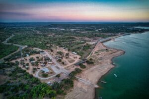 Arial image of Lake Buchanan RV & Cabin Resort at Sunset