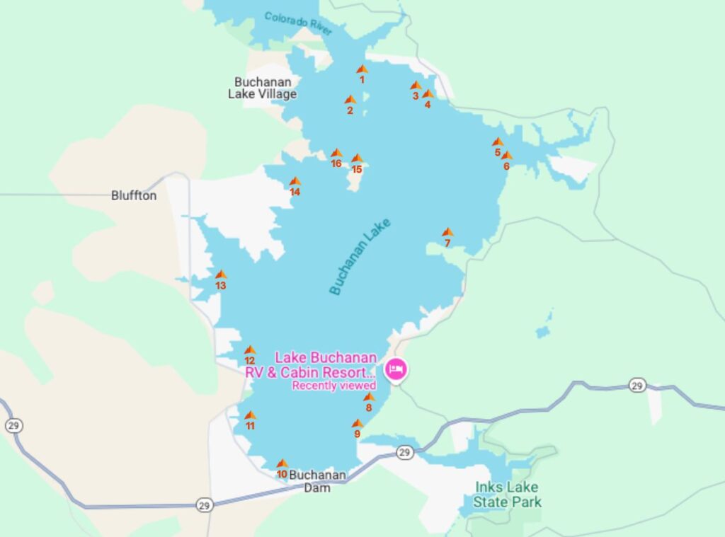 Map of Lake Buchanan best fishing locations